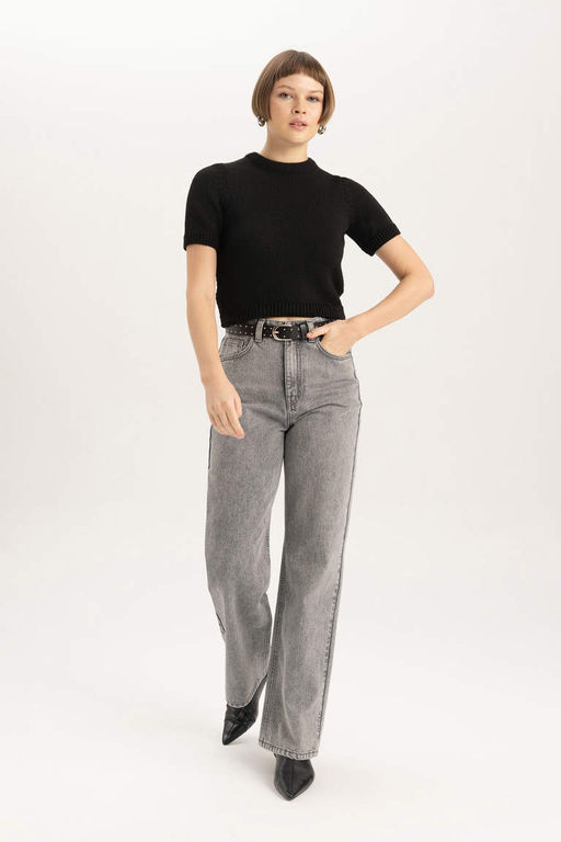 Приталенный свитер с круглым вырезом и короткими рукавами - Defacto фото 2