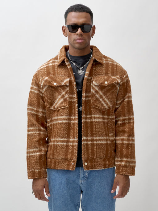 Куртка рубашка шерстяная в клетку мужская демисезонная горчичного цвета 58596G