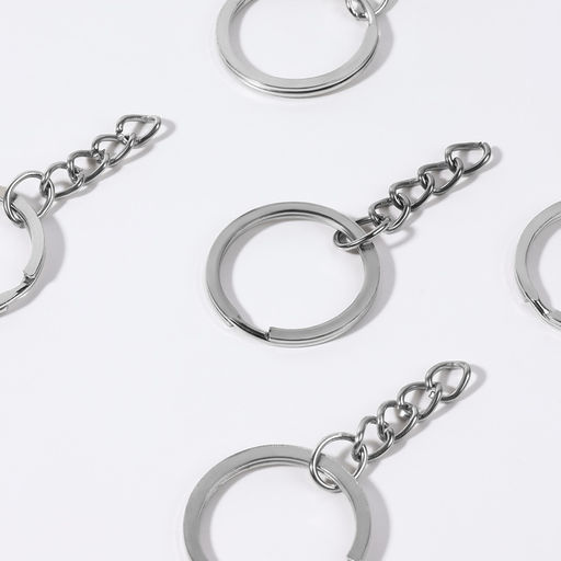 Цена за 4 шт. Основа для брелока, с цепочкой, плоская, d = 25 мм, 10 шт, цвет серебряный