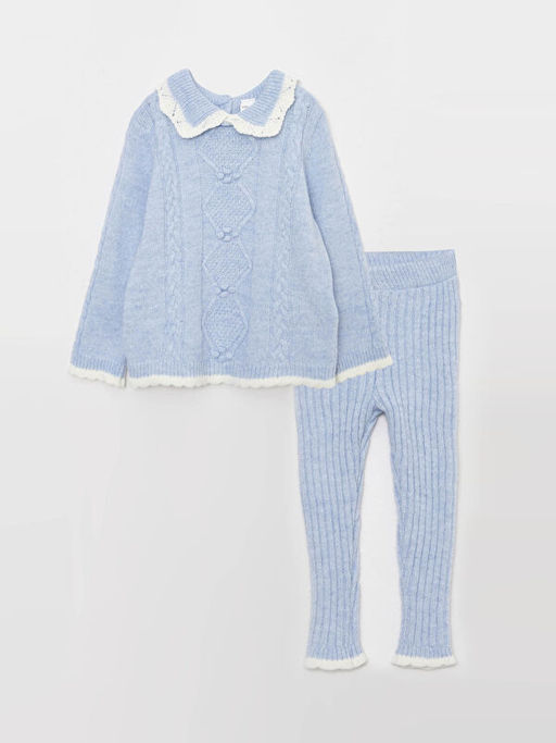 Polo Yaka Uzun Kollu Kendinden Desenli K?z Bebek Triko Kazak ve Tayt 2li Tak?m - Waikiki фото 3