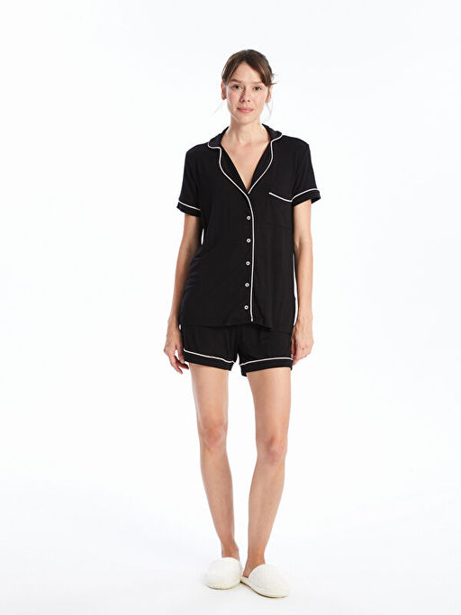 G?mlek Yaka Kad?n ?ortlu Pijama Tak?m?