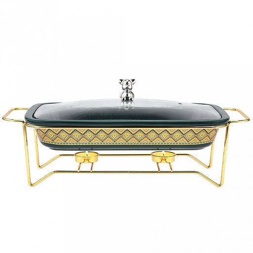 "Мармит Изумруд" Форма для запекания 1,7л, прямоугольная, 34,2х20,5см h5,8см, керамика с деколью, цвет - изумруд, стеклянная крышка с пароотводом, пластмассовая ручка-кнопка "мишка", металическая подставка с ручками, с подогревом на 2 свечи 41х20,3х1