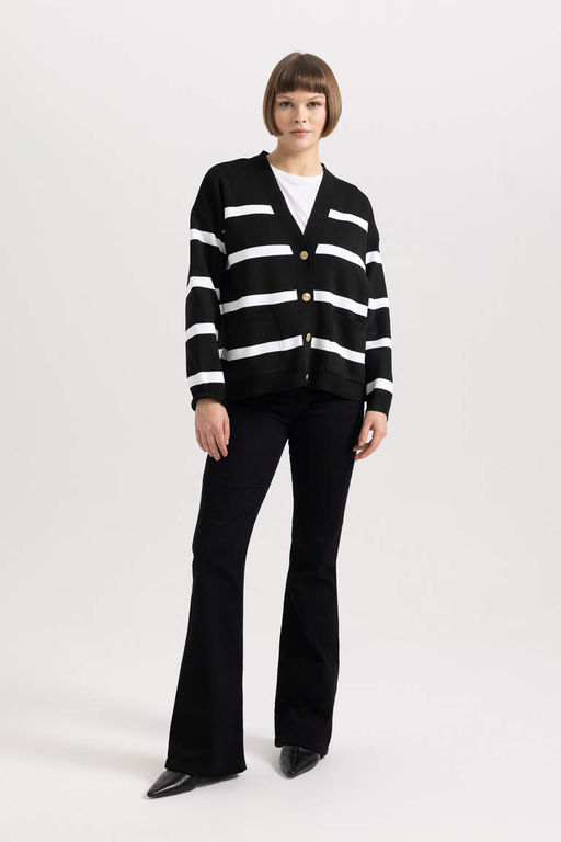 Полосатый кардиган с V-образным вырезом Relax Fit - Defacto фото 2