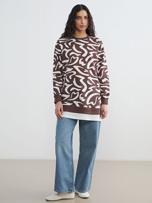 Bisiklet Yaka Desenli Kad?n Sweatshirt Tunik