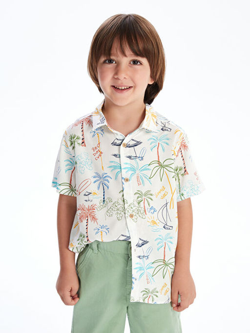 Bask?l? Pamuklu Erkek ?ocuk G?mlek ve ?ort 2li