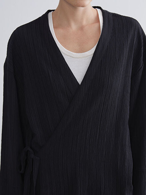 Kruvaze Yaka Dokulu Oversize Kad?n Kimono