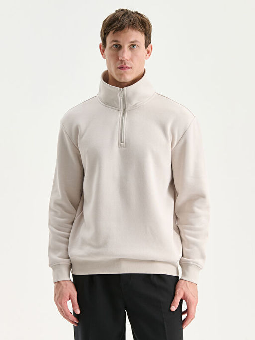 Fermuarl? Dik Yaka Erkek Kal?n Sweatshirt