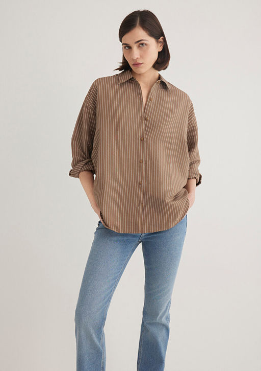 Lux Touch TENCEL TM Cizgili Kahverengi Modal Gomlek - Mavi фото 3