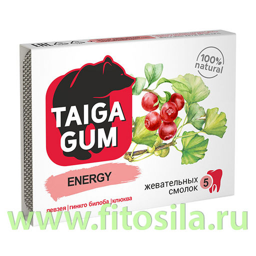 Смолка Taiga Gum "ENERGY" блистер №5 по 0,8 г, в растит. пудре, без сахара "Алтайский нектар"