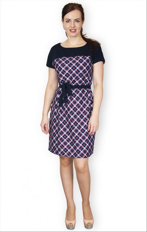 Платье с поясом интерлок - пенье, клетка розовый (317-2)