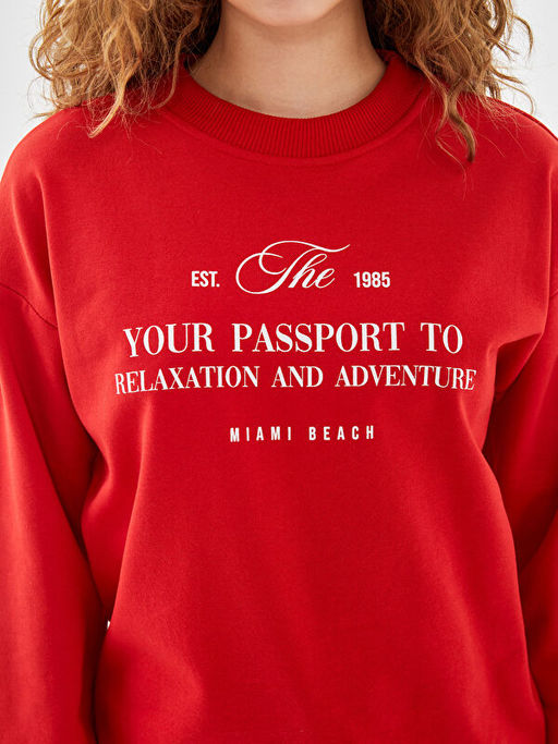 Bisiklet Yaka Bask?l? Kad?n Sweatshirt