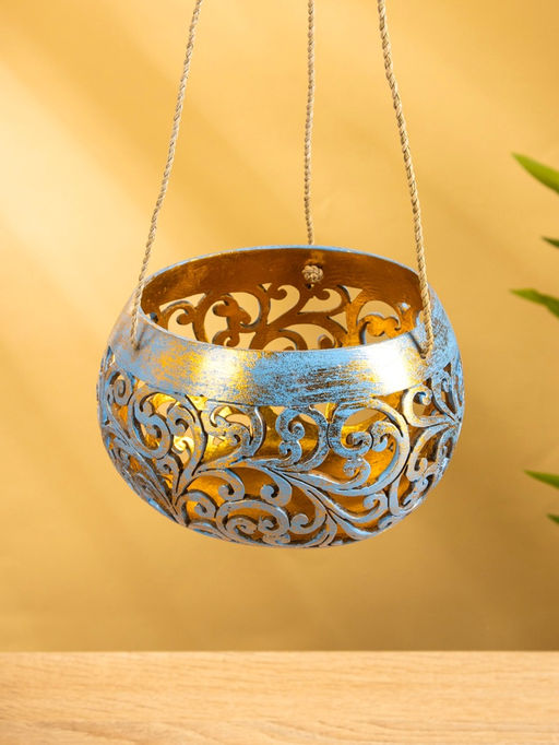 Подсвечник подвесной из кокоса, 14×14×10 см, голубой-золотой