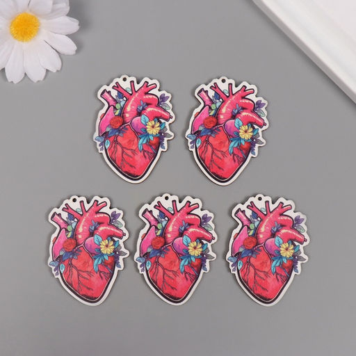 Декор для творчества дерево «Сердце в цветах», набор 5 шт., 5.5×4×0.3 см