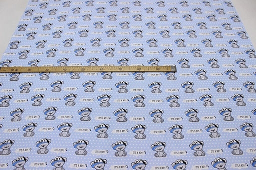 Поплин Мишутки-мальчишки на голубом в белый горох, СОРТ2, ш.1.5м, хлопок-100%, 115гр/м.кв - Купава фото 3