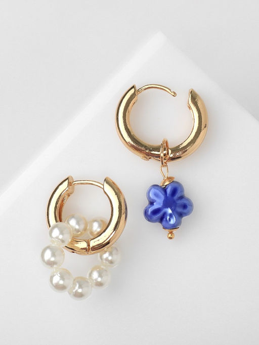 Серьги со съёмным элементом Трансформер цветок, цвет бело-синий в золоте