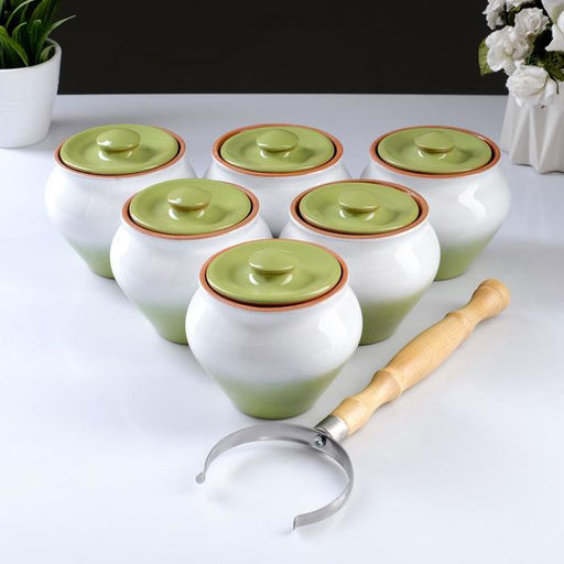 Горшочки для запекания Вятская керамика, набор 6 шт., ухват, 500 мл, МИКС