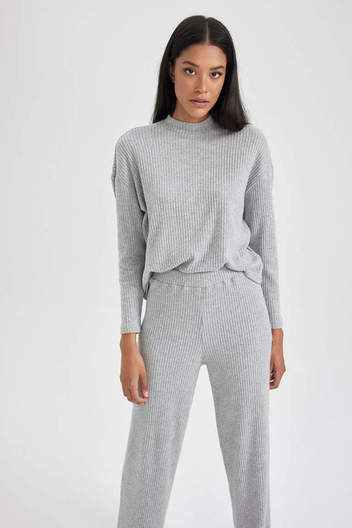 Ребристая футболка с длинными рукавами и круглым вырезом Relax Fit - Defacto фото 7