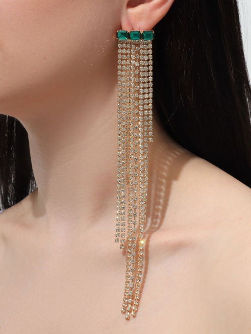 Серьги висячие со стразами «Мулен Руж» водопад, цвет бело-зелёный в золоте, 19 см