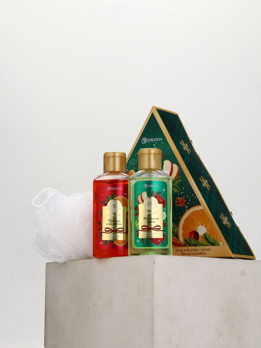 Подарочный набор новогодний: гель для душа 2 шт х100 мл, мочалка для тела, аромат яблоко и глинтвейн, URAL LAB