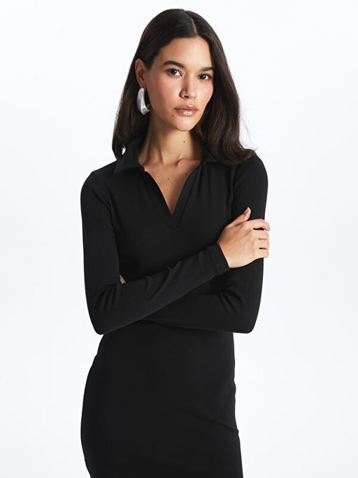 Polo Yaka D?z Uzun Kollu Elbise