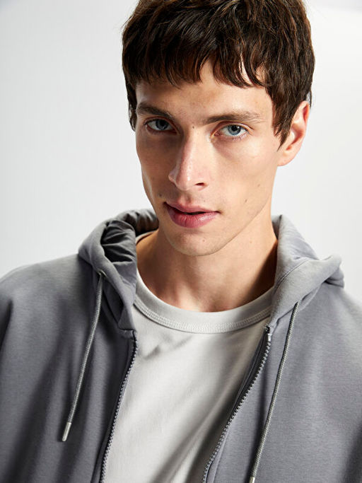 Kap??onlu Uzun Kollu Erkek Kal?n Fermuarl? Sweatshirt