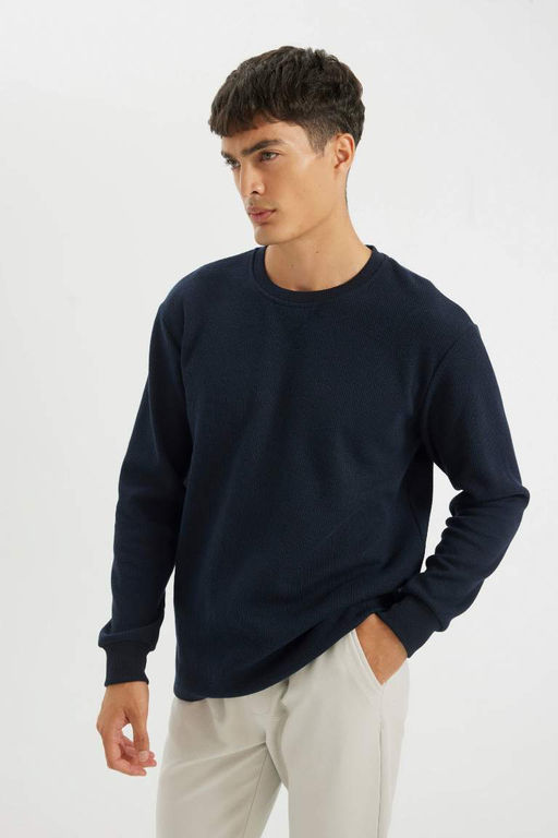 Мужская серая футболка обычного кроя с круглым вырезом и длинными рукавами нормального кроя - Defacto фото 3