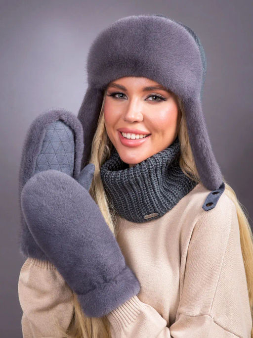Ушанка норка трикотаж серо-голубой - Davidovfox фото 4