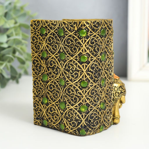 Фигурка-карандашница полистоун Слон и слонёнок в попоне с цветком, под бронзу, 8.5?9?11.5 см