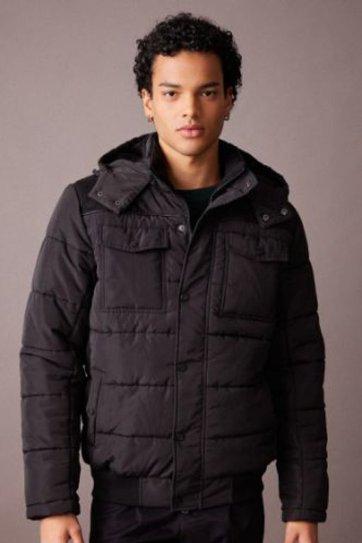 Su Itici Slim Fit Dar Kesim Kapusonlu Fermuarl? C?tc?tl? Cepli Astarl? Mont