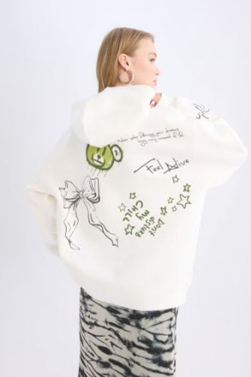 Coool Oversize Genis Kal?p Kapusonlu S?rt Bask?l? Kal?n Sweatshirt