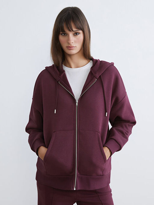 Oversize Kad?n Kal?n Fermuarl? Sweatshirt