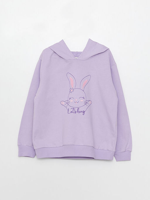 Kap??onlu Bask?l? Uzun Kollu K?z ?ocuk Sweatshirt