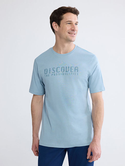 Bisiklet Yaka Bask?l? Penye Erkek Ti??rt