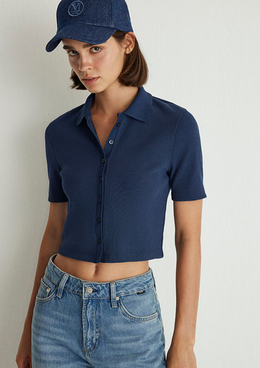 Lacivert Crop Polo Tisort - Mavi фото 2