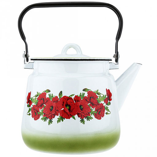 "Восточный мак" Чайник эмалированный 3,5л, д15см, h17,5см, металлическая крышка, подвижная металлическая ручка, белый (Россия)