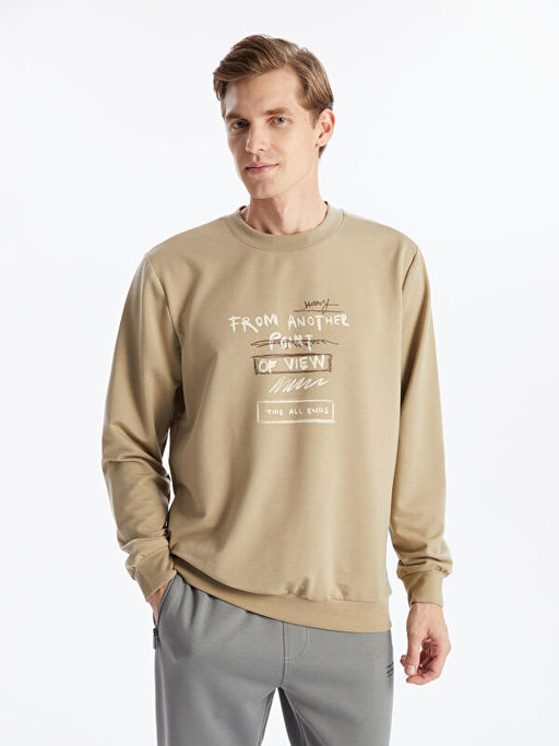 Bisiklet Yaka Uzun Kollu Bask?l? Erkek Sweatshirt
