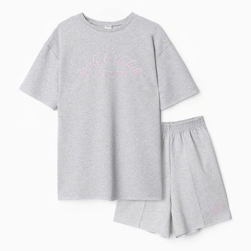 Костюм женский (футболка, шорты) MINAKU: SPORTY & STYLISH, светло-серый, размер 46
