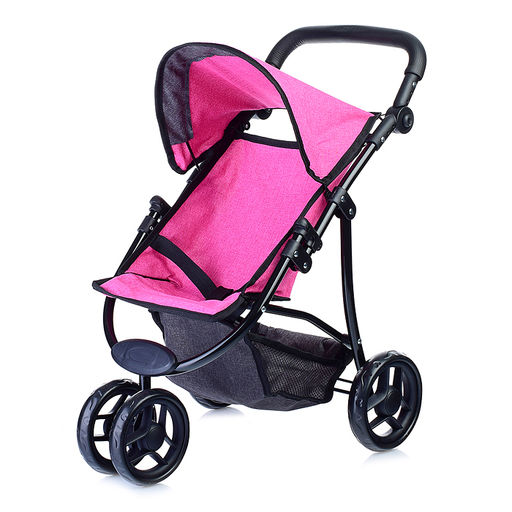 Коляска для кукол, 3-колесная, металлическая, прогулочная, с тентом, с корзиной, цвет ярко-розовый, в пакете