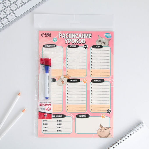 Расписание уроков «Милые кошечки» А4, многоразовое магнитное с маркером