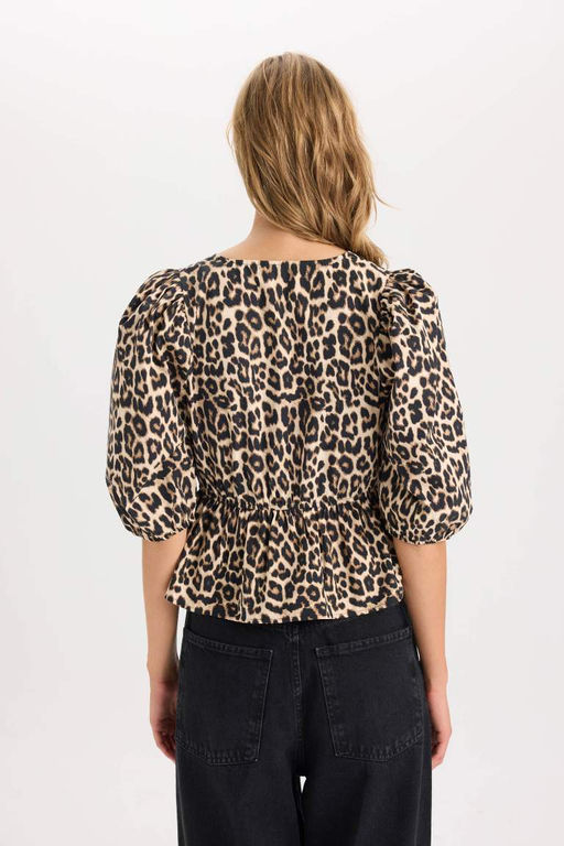 Прилегающая блузка из поплина с длинными рукавами и круглым вырезом с леопардовым узором и завязкой спереди - Defacto фото 6