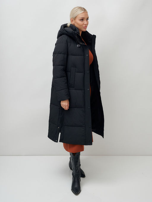 Пальто утепленное стеганное зимнее с капюшоном женское черного цвета 9601Ch - Holdluck фото 18