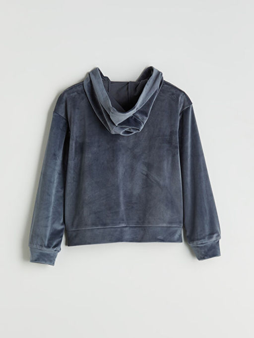 Kap??onlu K?z ?ocuk Kadife Fermuarl? Sweatshirt