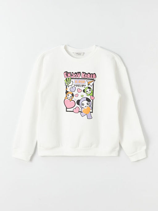 Bisiklet Yaka K-Pop Bask?l? Uzun Kollu K?z ?ocuk Sweatshirt