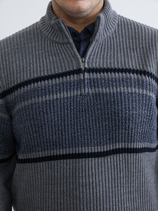 Dik Yaka ?izgili Erkek Triko Kazak