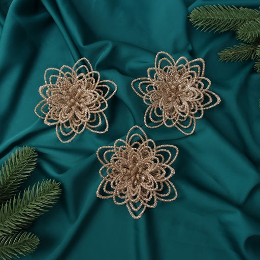 Цена за 2 шт. Ёлочные игрушки 3 шт. Цветы блеск кружева на зажимах, 10.5 см, золото