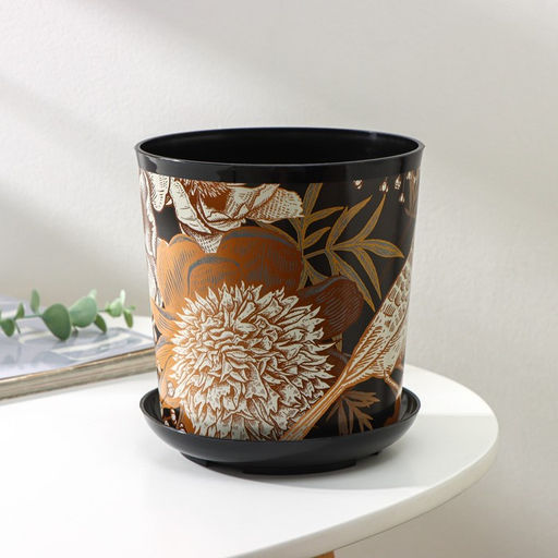 Горшок для цветов с поддоном Доляна «Голди.Птицы», 1,6 л, d=14 см, h=15,5 см, пластиковый, цвет чёрный