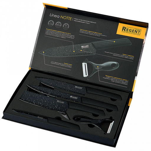 Набор ножей Linea Notte 6 предметов, ножи из нержавеющей стали с двухсторонней заточкой, ножницы и овощечистка с керамическим лезвием, ручки из полипропилена с термопластичной резиной, черный, в цветной коробке, Regent (Китай) - Домашняя мода фото 2