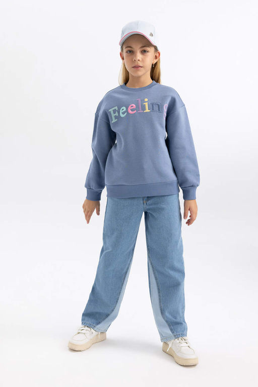 Мягкий толстый толстый свитшот с круглым вырезом и принтом для девочек - Defacto фото 2