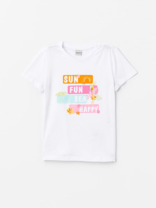 Bisiklet Yaka Bask?l? K?sa Kollu K?z ?ocuk Ti??rt ve ?ort - Waikiki фото 2