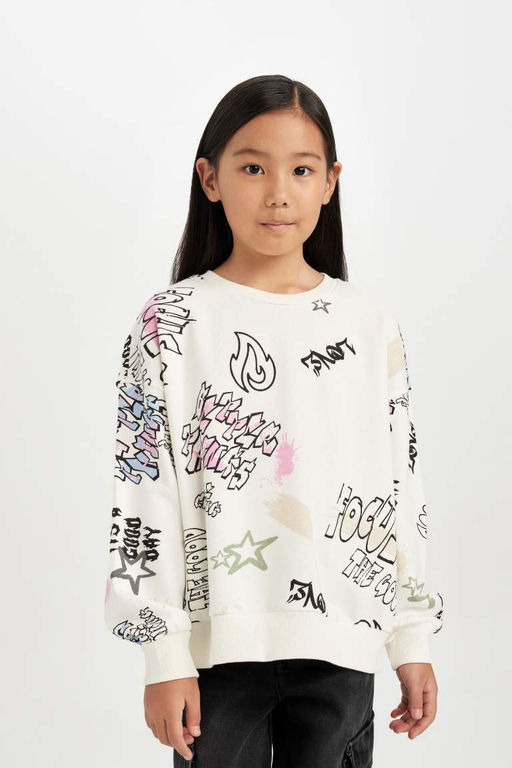 Толстовка оверсайз для девочек с широким кроем и круглым вырезом с 3D-принтом - Defacto фото 4